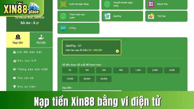 Nạp tiền XIN88 bằng ví điện tử